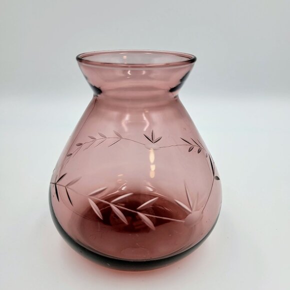 Vintage Cranberry Purple Etched Vase Round Read - Picture 4 of 11